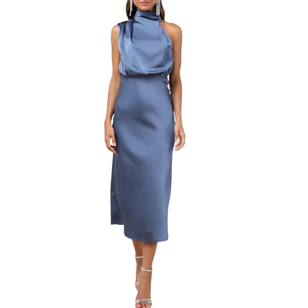 NWT Lulus Distinctive Charm Slate Blue Satin Asymmetrical Midi Dress XS Party